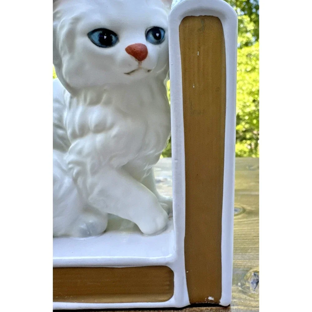 Vintage Lefton Japan White Cat Bookends Ceramic Persian Kitten Book Ends - Picture 9 of 16